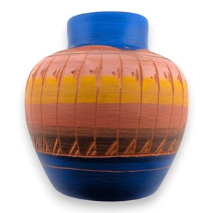 May include: A hand-painted ceramic vase with a wide body and a narrow neck. The vase features horizontal bands of colour, including blue, yellow, and brown. The base and neck are blue, while the body has a textured, striped design.