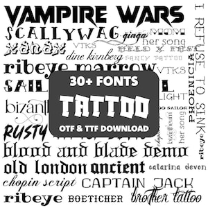 Puede incluir: Un gráfico en blanco y negro con varios estilos de fuente, incluyendo "VAMPIRE WARS" y "TATTOO". Un rectángulo gris oscuro central muestra "30+ FONTS" y "TATTOO" con "OTF & TTF DOWNLOAD" debajo.