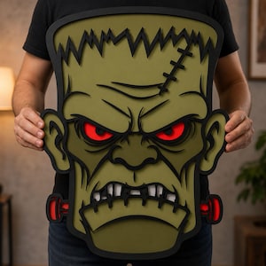 Könnte beinhalten: Ein geschichtetes Wandkunstobjekt, das ein stilisiertes grünes Monstergesicht mit flachem Kopf, einer genähten Narbe auf der Stirn und markanten Halsbolzen zeigt. Das Design besticht durch kräftige schwarze Konturen, leuchtend rote Augen und Zähne.