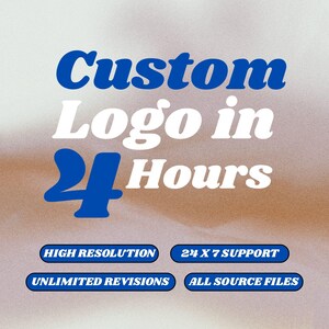 Könnte beinhalten: Grafik mit dem Text "Custom Logo in 24 Hours" in Blau und Weiß. Zusätzlicher Text umfasst "High Resolution", "24 x 7 Support", "Unlimited Revisions" und "All Source Files" in blauen Ovalen.