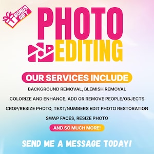 Könnte beinhalten: Werbebild für Fotobearbeitungsdienste. Der Text "PHOTO EDITING" steht in großen pinken und gelben Buchstaben. Zu den Leistungen gehören Hintergrund- und Schönheitsfehlerentfernung, Kolorierung und mehr. Eine Geschenkbox-Grafik befindet sich oben links.