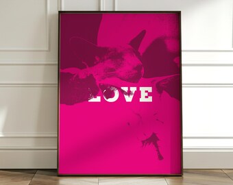Love Cat Poster Pop Art Pink | Cat Lover Wall Art | Living Room Risograph Art Print | Cat Mom Gift | Maximalist Decor  Digital Download