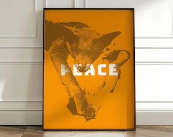 Peace Cat Wall Art | Pop Art Poster Orange | Abstract Animals | Maximalist Pet Art | Bedroom Art Print | Cat Owner Gift | Digital Download