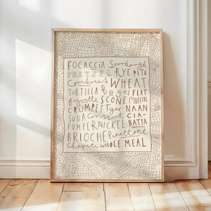 May include: A framed print featuring a list of bread types in a handwritten style. The list includes focaccia, sourdough, pretzel, rye, pita, wheat, tortilla, bagel, flatbread, baguette, scone, muffin, crumpet, and more. The background has a textured pattern.