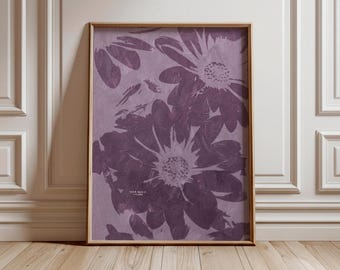 Flower Poster Minimalist Living Room | Oil Paint Wall Art Organic Shapes | Floral Art Print Gift | Purple Blossom Wall Art | Abstract Decor