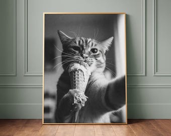 Cat Ice Cream Selfie Poster Kitchen | Black and White Photo Wall Art Dining Room | Funny Cat Meme Art Print | Cat Lover Gift