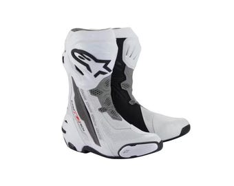Buty motocyklowe wyścigowe Alpinestars skórzane, męskie, ochronne, sportowe, w kolorze czerwonym, białym i czarnym.