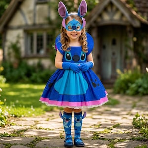 Puede incluir: Un vestido azul con un gráfico del personaje Stitch, guantes azules a juego, una diadema azul con orejas altas forradas en morado y un antifaz azul. El conjunto incluye calcetines azules hasta la rodilla con patrones de Stitch y zapatos azul oscuro.