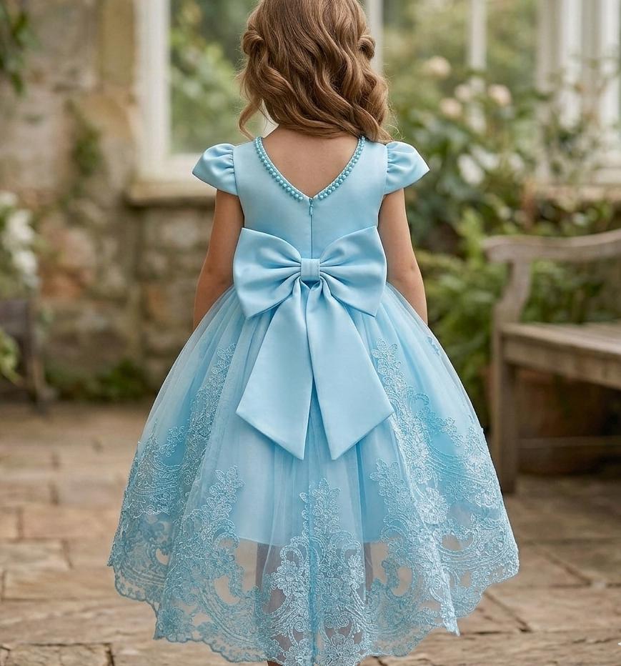 white lace dress with blue bow Blue Floral Jacquard Dress with Lace Hem  Vintage Fairytale Elegance Dress / XS