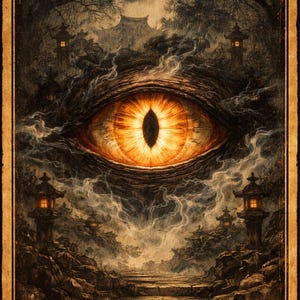 May include: A digital art print featuring a large, glowing orange eye at the center, surrounded by a dark, detailed landscape. The eye is the focal point, with a vertical pupil and intricate details. The background includes Japanese-style structures and atmospheric effects.