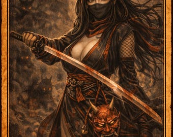 Japanisches Ninja-Poster-Set, düstere Fantasy-Samurai-Shinobi-Wandkunst, Kunoichi-Ninja-Krieger-Kollektion, digitaler Download im Vintage-Stil
