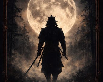 Japanisches Dark-Fantasy-Poster „Samurai Moon“ – Wandbild zum Ausdrucken (A4/A3) – Digitaler Download