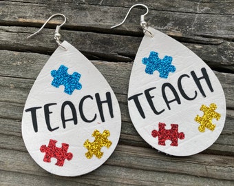 Teach earrings, autism teach earrings, autism teacher earrings, special education earrings, teacher gift.