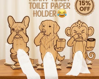 Funny Toilet Paper Holder Laser Cut File, Bathroom Decor SVG, Dog & Monkey Tissue Stand, Gag Gift for Men, CNC Vector Plan, Digital Download