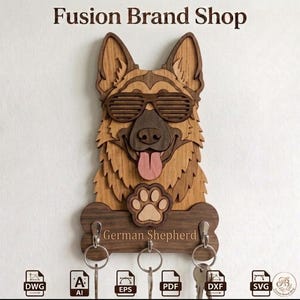 May include: A wooden German Shepherd key holder, featuring sunglasses, a protruding tongue, and a paw print. The bone-shaped base reads "German Shepherd" and has three key hooks. The text "Fusion Brand Shop" is visible at the top.