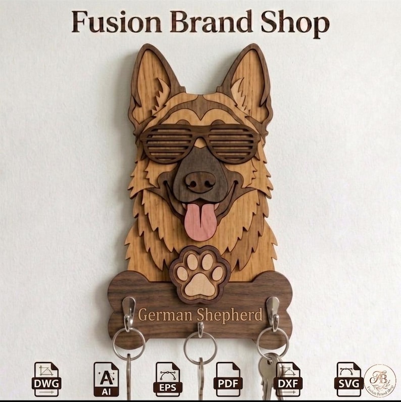 May include: A wooden German Shepherd key holder, featuring sunglasses, a protruding tongue, and a paw print. The bone-shaped base reads "German Shepherd" and has three key hooks. The text "Fusion Brand Shop" is visible at the top.