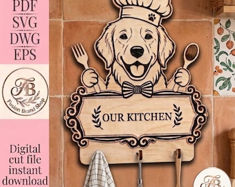 May include: A light-colored wooden wall-mounted sign featuring a laser-engraved golden retriever wearing a chef hat and bowtie. The dog holds a fork and spoon. Below the dog is a plaque with the text OUR KITCHEN and three metal hooks for hanging.