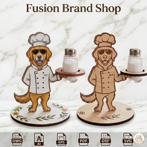 May include: Two decorative salt and pepper shakers. One is painted with a golden retriever chef wearing sunglasses and a chef's hat, holding a salt shaker. The other is a wooden cutout of the same design.