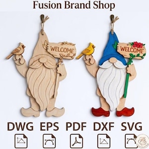 May include: Two hanging wooden gnome decorations with twine loops. One is natural wood, the other features a blue hat, white beard, red shoes, yellow bird, and red flowers. Both hold a sign that reads WELCOME. Text below includes Fusion Brand Shop, DWG, EPS, PDF, DXF, SVG.