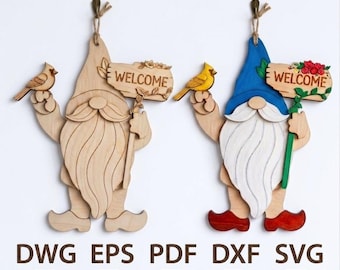 May include: Two hanging wooden gnome decorations with twine loops. One is natural wood, the other features a blue hat, white beard, red shoes, yellow bird, and red flowers. Both hold a sign that reads WELCOME. Text below includes Fusion Brand Shop, DWG, EPS, PDF, DXF, SVG.