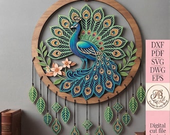 Pfau Wand Kunst SVG, Mandala Laser Cut Datei, 3D Pfau Dekor für CNC-Fräser, digitales Holzbearbeitungsmuster, sofortiger Download