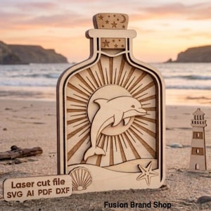 Delfín en capas 3D dentro de una botella, archivo de corte láser, SVG para Glowforge, decoración náutica de playa, descarga digital de corte de madera multicapa, patrón CNC