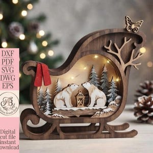 May include: A wooden sleigh-shaped decorative display featuring two white polar bears, a small lantern, and evergreen trees inside. The structure includes a butterfly cutout at the top, a red scarf accent, and integrated warm LED string lights.