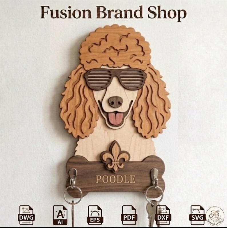 May include: Wooden poodle key holder wearing sunglasses, with a fleur-de-lis and the word "POODLE." The key holder has two hooks for keys. The text "Fusion Brand Shop" is at the top.