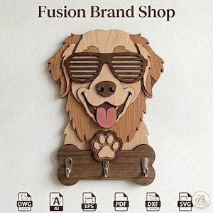 May include: Wooden dog-shaped key holder with sunglasses, tongue, and paw print detail. The key holder has three hooks and is made of layered wood in shades of brown and tan. The text "Fusion Brand Shop" is at the top.
