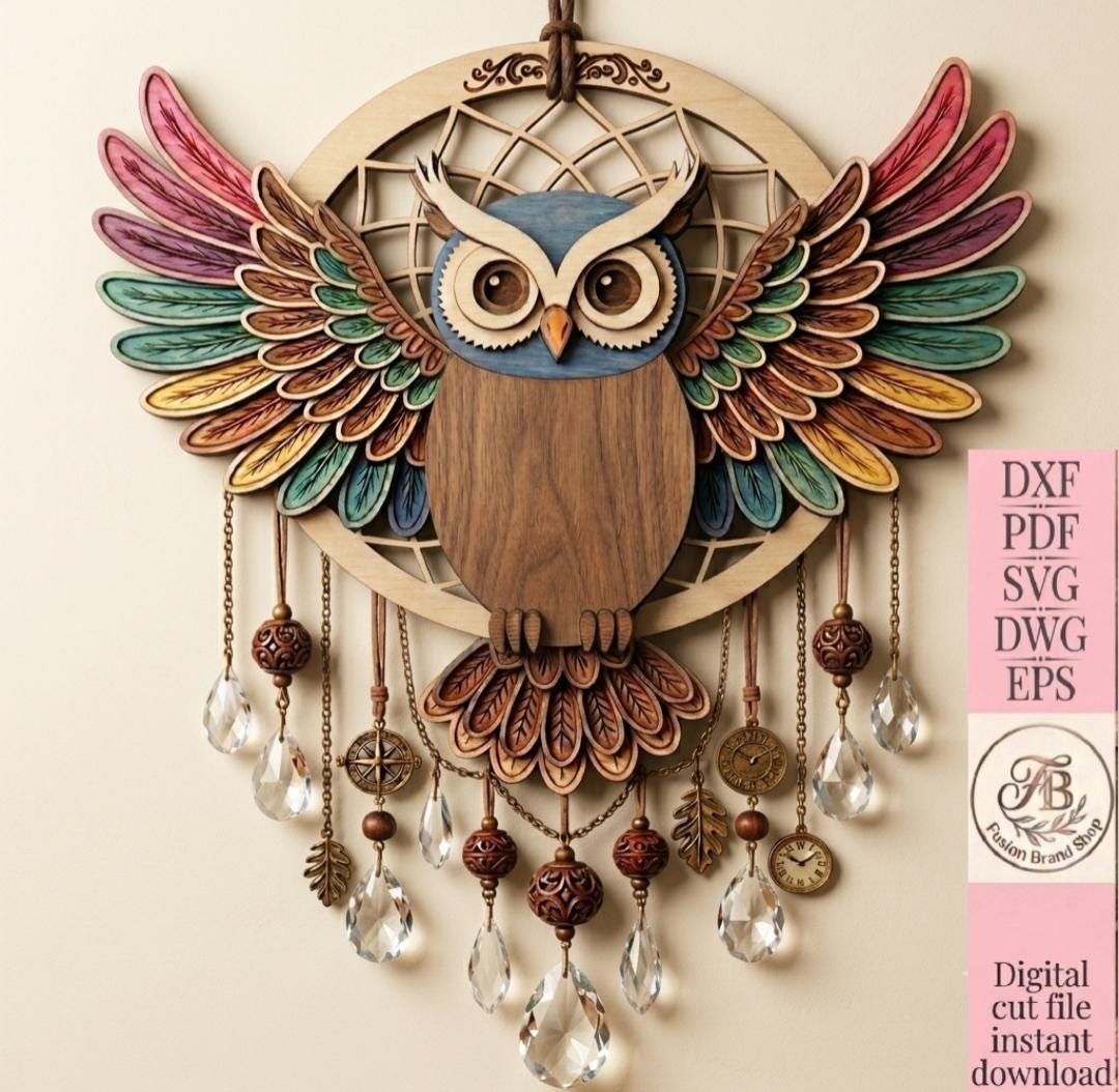 Layered Owl Dreamcatcher Laser Cut File, Multilayer Wood Wall Art, Svg Dxf Pdf Dwg Eps Files for Las