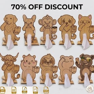 May include: A collection of wooden animal-shaped tissue holders, featuring a dog, cat, monkey, and pig, each holding a tissue roll. The holders are made of light brown wood and have a slot for tissues to dispense. The text "70% OFF DISCOUNT" is at the top.