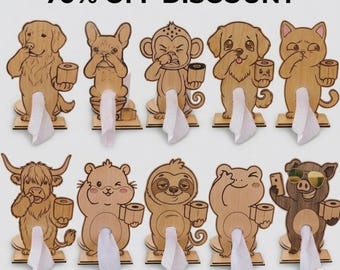 May include: Wooden animal-shaped tissue holders, including a dog, cat, monkey, and pig, each holding a tissue roll. The holders are made of light brown wood and have a slot for tissues to dispense. The text "70% OFF DISCOUNT" is at the top.