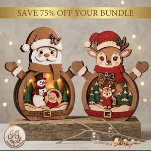May include: Two wooden holiday decorations featuring a snowman and a reindeer, both with internal warm lighting. The snowman wears a brown hat and scarf, while the reindeer wears a red hat and scarf. Text at the top reads SAVE 75% OFF YOUR BUNDLE.
