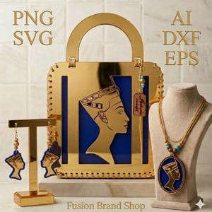 May include: Gold-colored handbag, earrings, and necklace set featuring a profile of an Egyptian figure against a blue background. The handbag has a handle and is accompanied by the text "PNG SVG" and "AI DXF EPS".