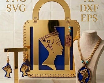 May include: Gold-colored handbag, earrings, and necklace set featuring a profile of an Egyptian figure against a blue background. The handbag has a handle and is accompanied by the text "PNG SVG" and "AI DXF EPS".