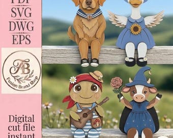 May include: Four decorative wooden cutouts featuring a golden retriever in a sailor collar, a goose with wings and a blue dress, a character in a red bandana playing a guitar, and a cow in a blue witch hat holding a rose. Text includes DXF, PDF, SVG, DWG, EPS.