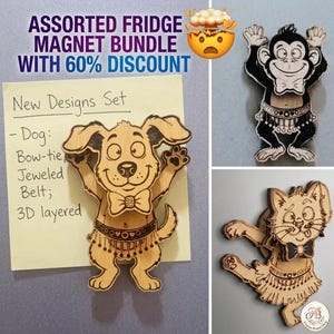 Puede incluir: Un conjunto de imanes de nevera variados con un 60% de descuento. Los imanes presentan diseños de perro, mono y gato. El imán del perro tiene una pajarita y un cinturón enjoyado. El texto "New Designs Set" es visible.