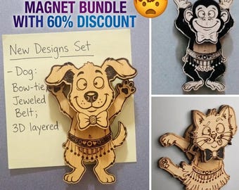 May include: A bundle of assorted fridge magnets with a 60% discount. The magnets feature a dog, monkey, and cat design. The dog magnet has a bow tie and jeweled belt. The text "New Designs Set" is visible.