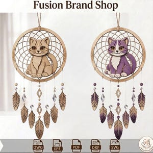 May include: Two wooden dream catchers featuring cat designs. One cat is tan, the other is purple and white. Each dream catcher has a circular frame, a webbed centre, and hanging feathers and crystals. The text "Fusion Brand Shop" is at the top.