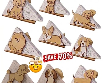 May include: Wooden napkin holders featuring various dog breeds. Each holder has a triangular napkin rest with a heart pattern, and a wooden dog cutout. The dogs include a Golden Retriever, French Bulldog, Corgi, and more.