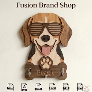 May include: Wooden Beagle-shaped key holder with sunglasses, a smiling face, and a paw print. The key holder has two hooks and the word "Beagle" engraved on it. The top of the image reads "Fusion Brand Shop".