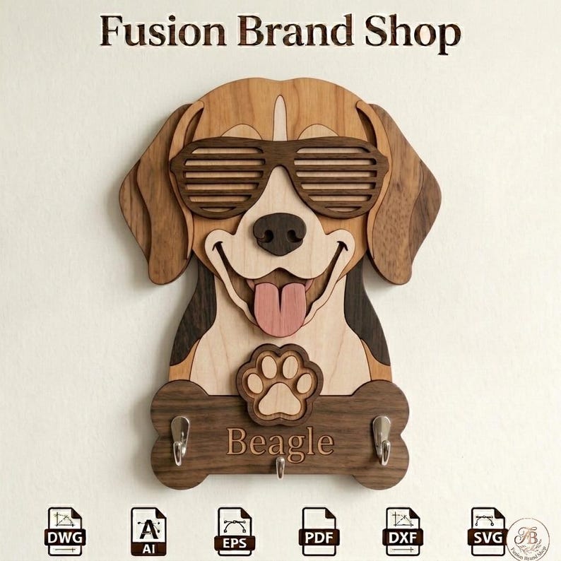 May include: Wooden Beagle-shaped key holder with sunglasses, a smiling face, and a paw print. The key holder has two hooks and the word "Beagle" engraved on it. The top of the image reads "Fusion Brand Shop".
