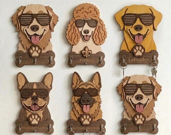 May include: Wooden key holders featuring various dog breeds, including a Golden Retriever, Poodle, and Labrador, each wearing sunglasses. The key holders have a paw print and bone-shaped key hooks. The text "Fusion Brand Shop" is at the top.