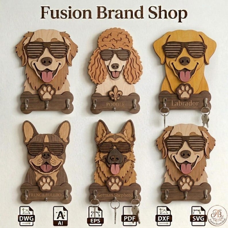 May include: A selection of wooden key holders depicting different dog breeds, such as a Golden Retriever, Poodle, and Labrador, all wearing sunglasses. Each holder has a paw print and bone-shaped key hooks. The text "Fusion Brand Shop" is at the top.