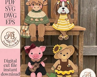 May include: A digital cut file set featuring four illustrated animal characters: a highland cow in a green sweater, a dog in a yellow striped dress, a pig in a black dress holding a guitar, and a bear in a brown dress with a sunflower hat.