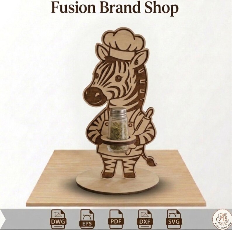 May include: A wooden zebra chef figurine holding a spice jar. The zebra is wearing a chef's hat and apron, with a rolling pin. The figurine is on a wooden base, with the text "Fusion Brand Shop" at the top.