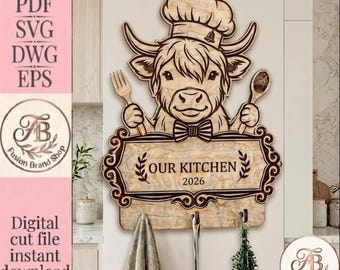 Highland Cow Kitchen Towel Holder SVG File, Farmhouse Kitchen Sign Laser Cut File, Custom Personalized Kitchen Decor Digital Download, Uniqu