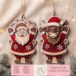 Exklusives Weihnachts-Laserschnitt-Set, Weihnachtsschmuck mit Weihnachtsmann und Hochlandrind, Sofort-Download (SVG)