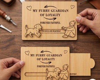 May include: Two wooden cards with engraved text and illustrations. The top card reads "MY FURRY GUARDIAN OF LOYALTY FOREVER FAITHFUL TWO SOULS ONE HEARTBEAT." The bottom card has similar text. Both cards feature a dog and a person. The cards are light brown.