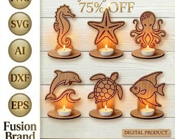 May include: Wooden candle holders in the shape of a seahorse, starfish, octopus, dolphin, turtle, and fish. Each holder has a small candle. The text "Hey My Friend 75% OFF" is displayed at the top. The words "DIGITAL PRODUCT" are at the bottom.
